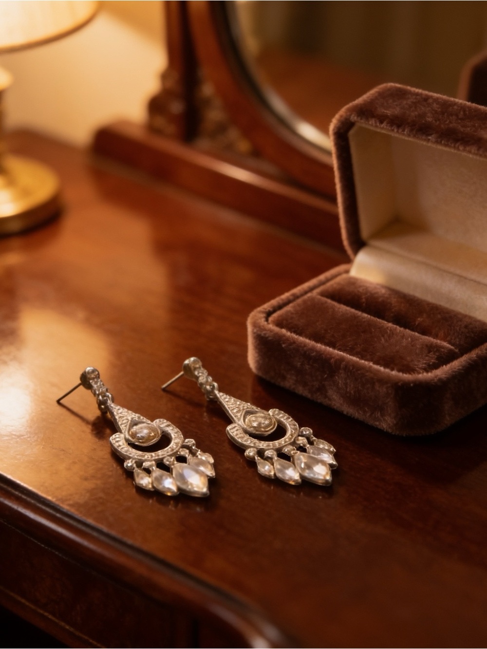 Vintage Silver Chandelier Earrings Clear Crystal Girandole Dangle Statement